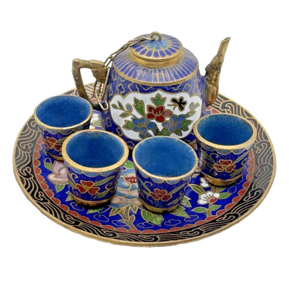 VTG Cloisonne Enamel Chinese Miniature Tea Set Teapot Cups Tray Doll Child Blue - Picture 1 of 11